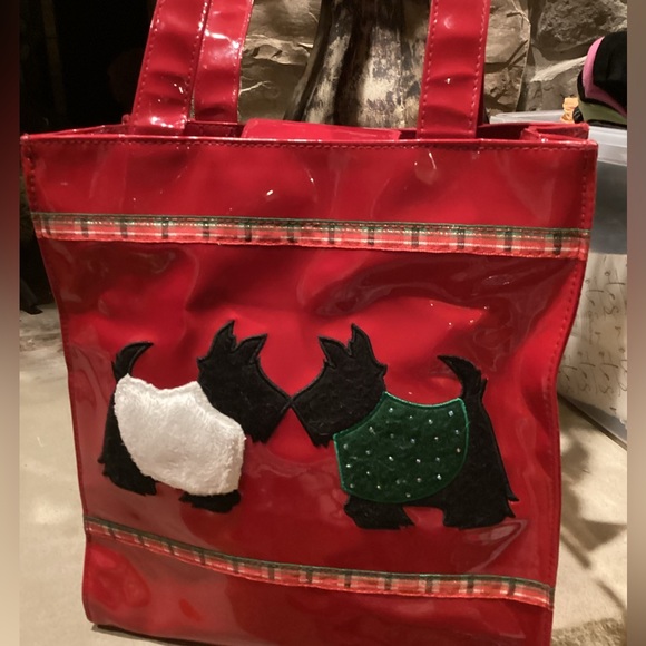 VINTAGE RED PATENT LEATHER SCOTTY DOGS HOLIDAY TOTE BAG - Picture 3 of 16